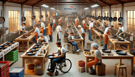 Illustration : des personnes remettent en état des poêles dans un atelier