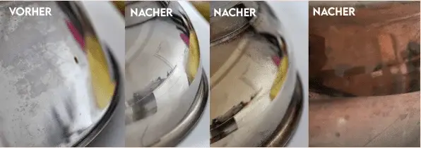 Stainless steel pan before and after, with a brass-coloured tint