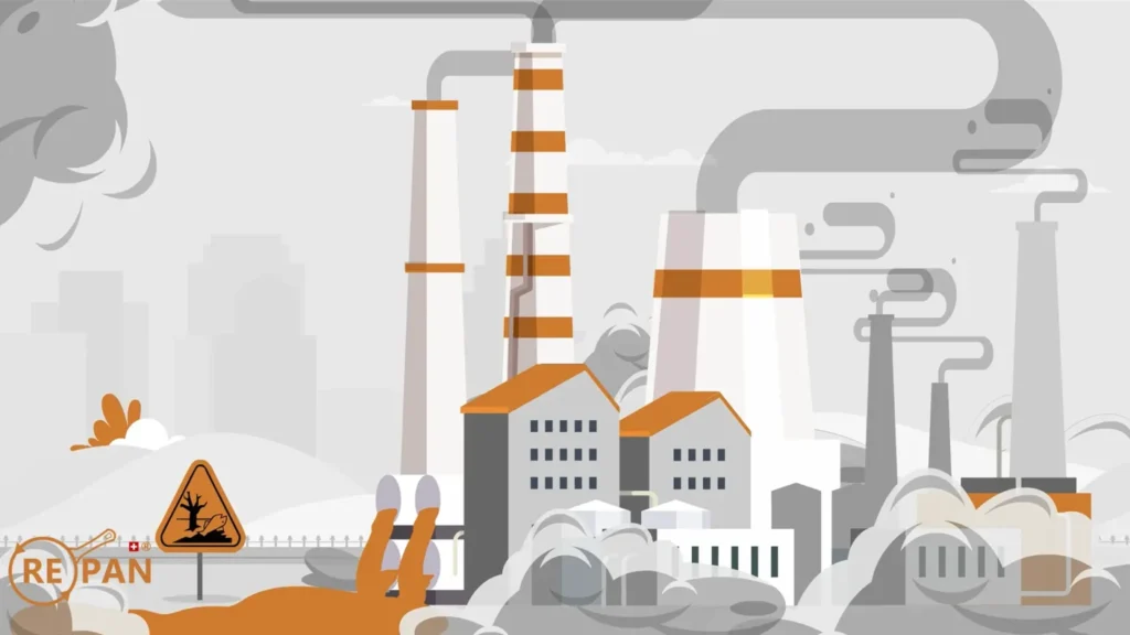 Illustration einer Metallfabrik mit rauchenden Kaminen