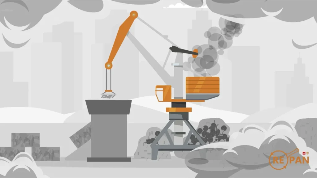 Illustration eines Schrottplatzes mit Kran